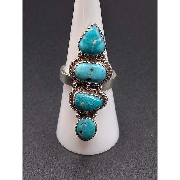 White Water Turquoise Statement Ring, Adjustable, Southwest Style, Silver - Picture 1 of 8